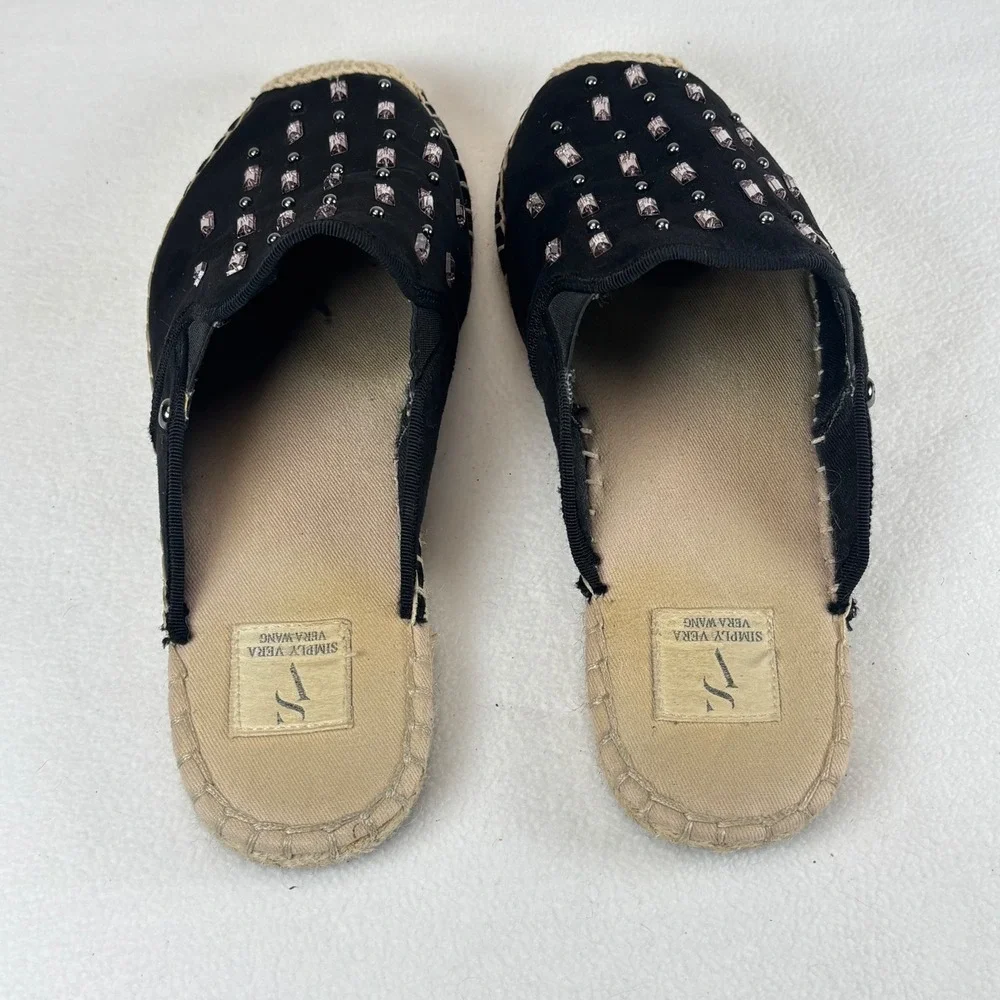 Vera Wang Espadrille Mules Sz 8 Black Canvas Rhinestone Studded Boho Glam